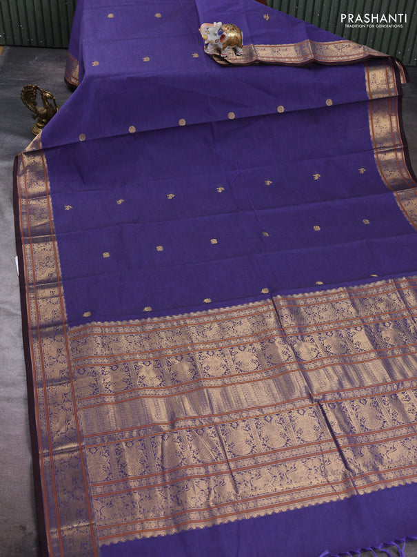 Kanchi cotton saree violet and coffee brown with zari woven buttas and zari woven border
