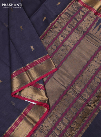 Kanchi cotton saree dark grey and dark pink with zari woven buttas and zari woven border