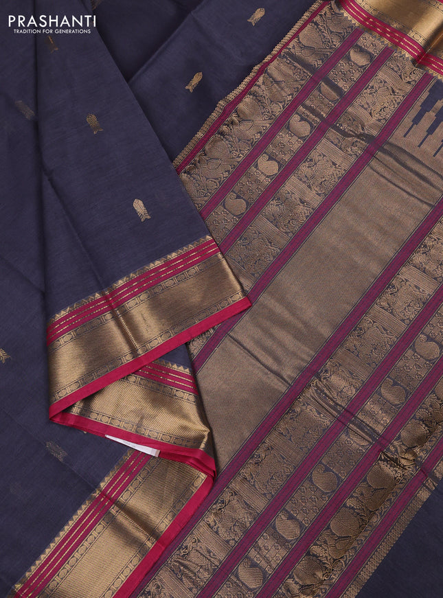 Kanchi cotton saree dark grey and dark pink with zari woven buttas and zari woven border