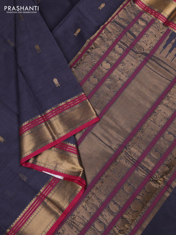 Kanchi cotton saree dark grey and dark pink with zari woven buttas and zari woven border