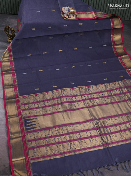 Kanchi cotton saree dark grey and dark pink with zari woven buttas and zari woven border