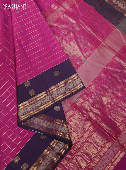 Kanchi cotton saree magenta pink and deep violet with allover zari woven checked pattern and zari woven butta border