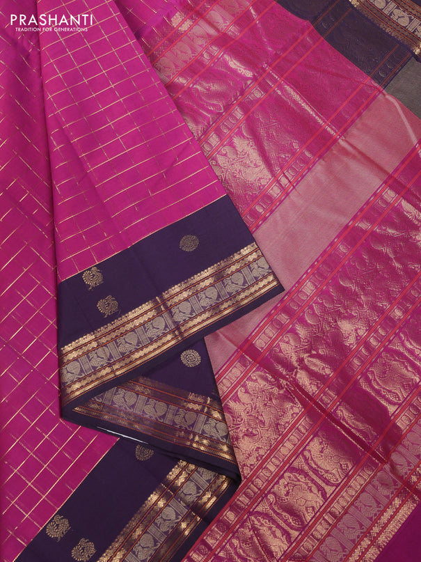 Kanchi cotton saree magenta pink and deep violet with allover zari woven checked pattern and zari woven butta border