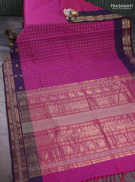 Kanchi cotton saree magenta pink and deep violet with allover zari woven checked pattern and zari woven butta border