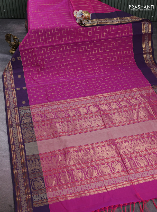 Kanchi cotton saree magenta pink and deep violet with allover zari woven checked pattern and zari woven butta border