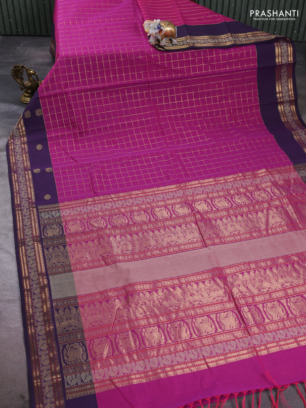 Kanchi cotton saree magenta pink and deep violet with allover zari woven checked pattern and zari woven butta border