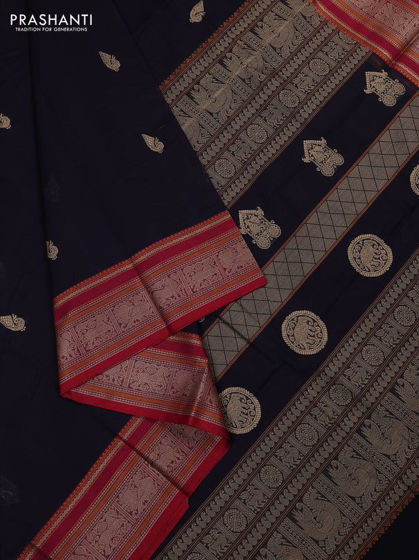 Kanchi cotton saree black and maroon with thread woven buttas and thread woven border