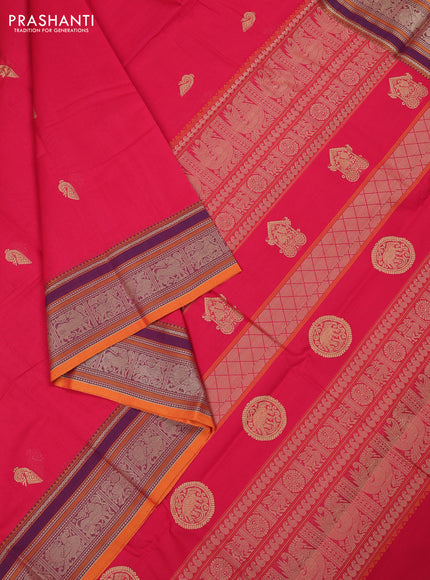 Kanchi cotton saree pink and mustard yellow with thread woven buttas and thread woven border