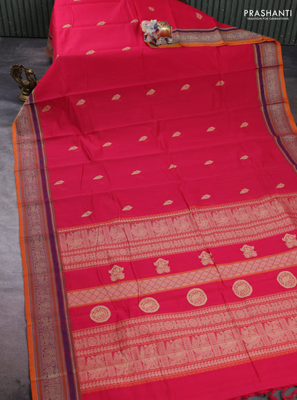 Kanchi cotton saree pink and mustard yellow with thread woven buttas and thread woven border