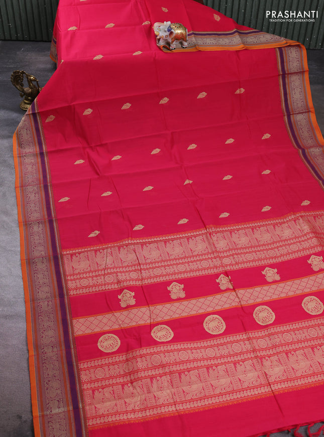 Kanchi cotton saree pink and mustard yellow with thread woven buttas and thread woven border