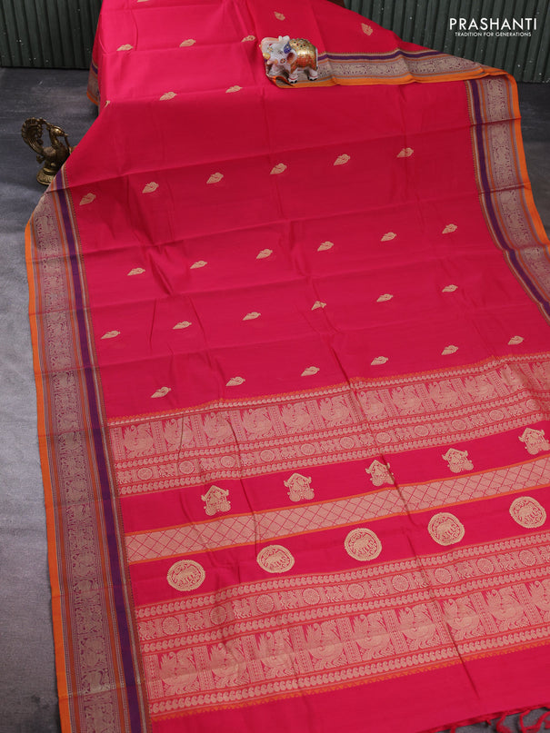 Kanchi cotton saree pink and mustard yellow with thread woven buttas and thread woven border