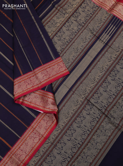 Kanchi cotton saree navy blue and maroon with allover thread weaves pattern and thread woven border