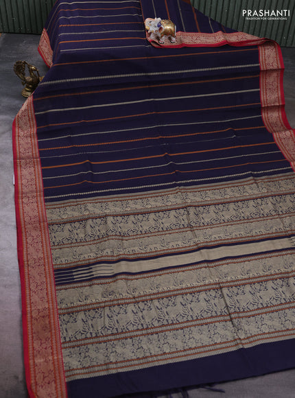 Kanchi cotton saree navy blue and maroon with allover thread weaves pattern and thread woven border