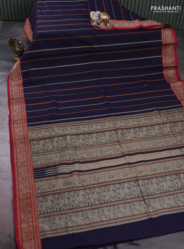 Kanchi cotton saree navy blue and maroon with allover thread weaves pattern and thread woven border