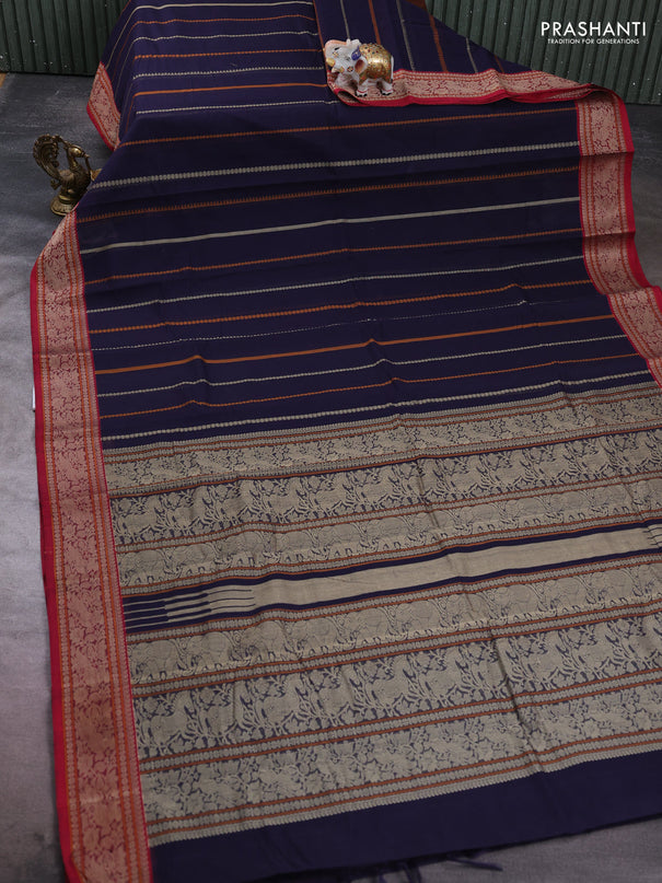 Kanchi cotton saree navy blue and maroon with allover thread weaves pattern and thread woven border