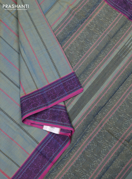 Kanchi cotton saree dual shade of blue and pink with allover thread weaves pattern and thread woven border
