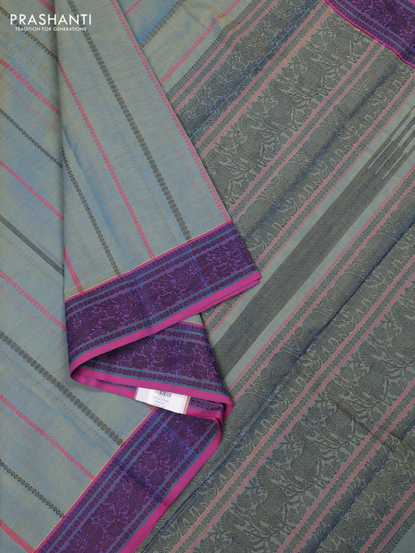 Kanchi cotton saree dual shade of blue and pink with allover thread weaves pattern and thread woven border