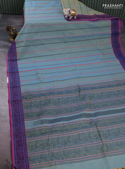 Kanchi cotton saree dual shade of blue and pink with allover thread weaves pattern and thread woven border