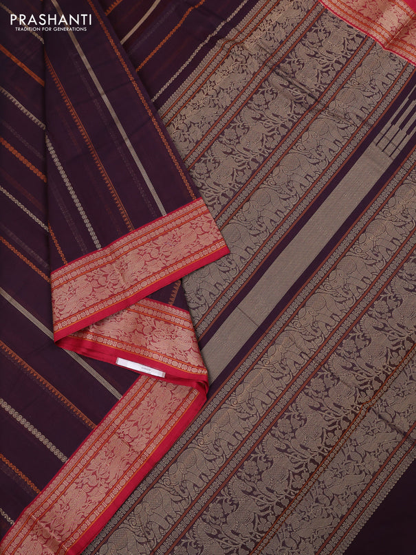 Kanchi cotton saree deep wine and maroon with allover thread weaves pattern and thread woven border