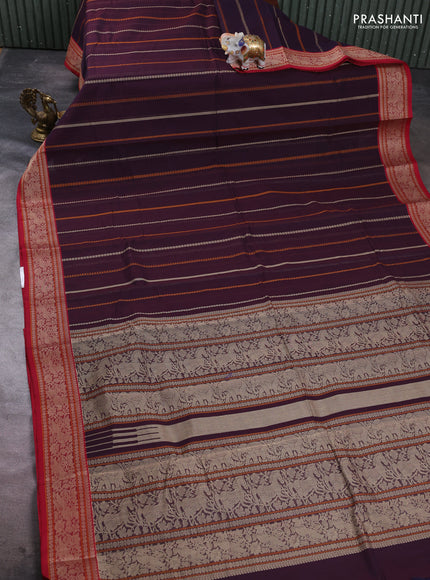 Kanchi cotton saree deep wine and maroon with allover thread weaves pattern and thread woven border