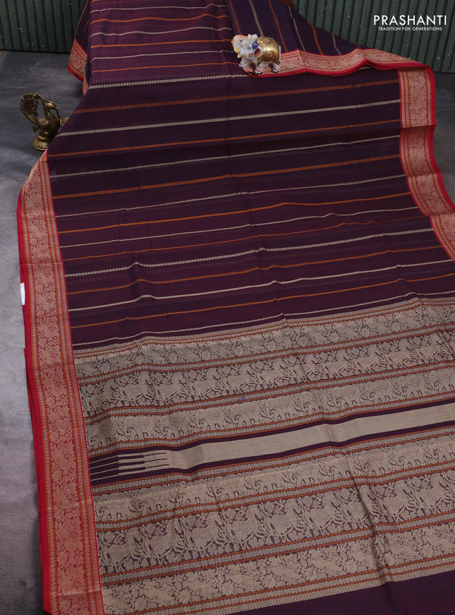Kanchi cotton saree deep wine and maroon with allover thread weaves pattern and thread woven border