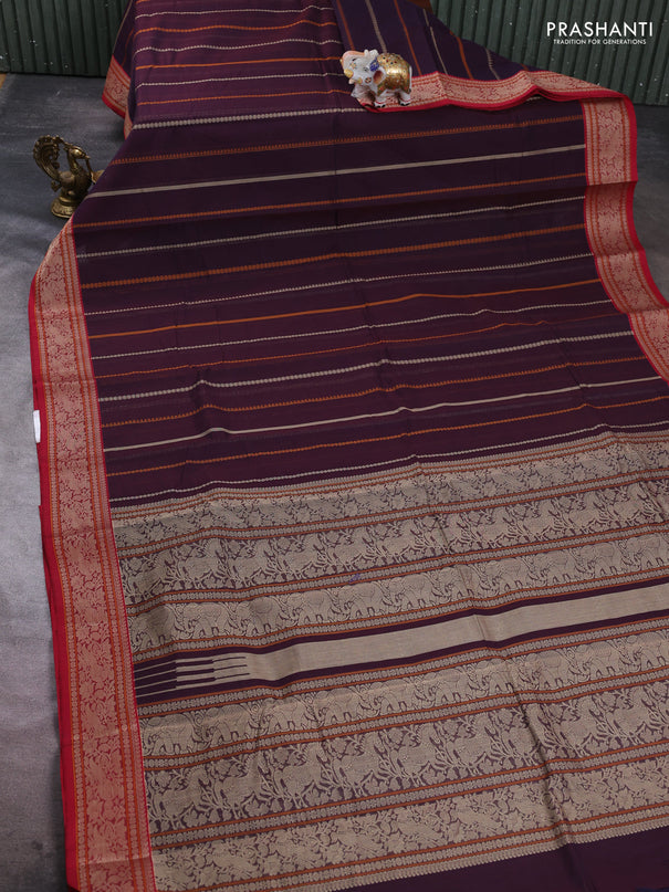 Kanchi cotton saree deep wine and maroon with allover thread weaves pattern and thread woven border