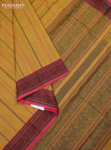 Kanchi cotton saree mustard yelloew and pink with allover thread weaves pattern and thread woven border