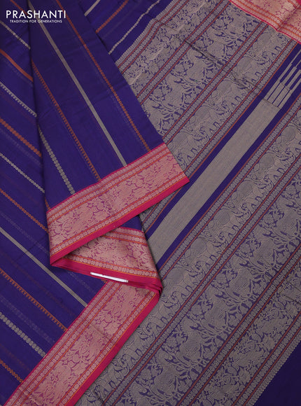 Kanchi cotton saree blue and pink with allover thread weaves pattern and thread woven border