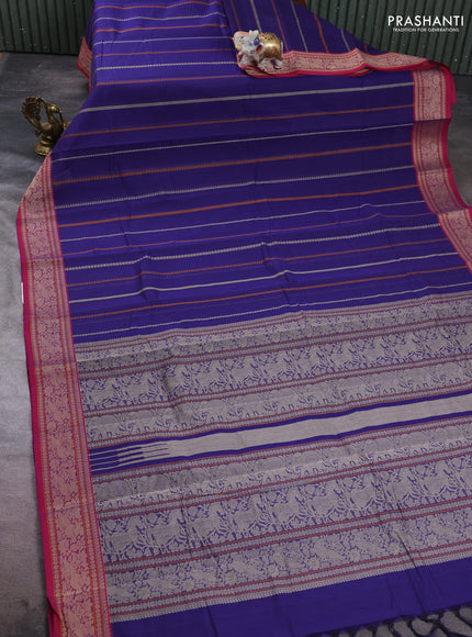Kanchi cotton saree blue and pink with allover thread weaves pattern and thread woven border