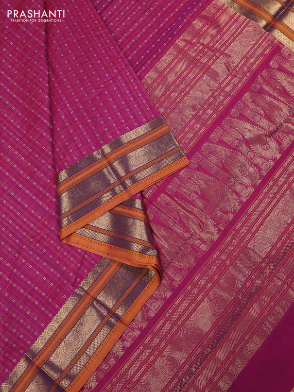 Kanchi cotton saree magenta pink and mustard yellow with allover thread checks & buttas and zari woven border
