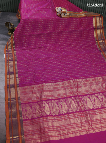 Kanchi cotton saree magenta pink and mustard yellow with allover thread checks & buttas and zari woven border