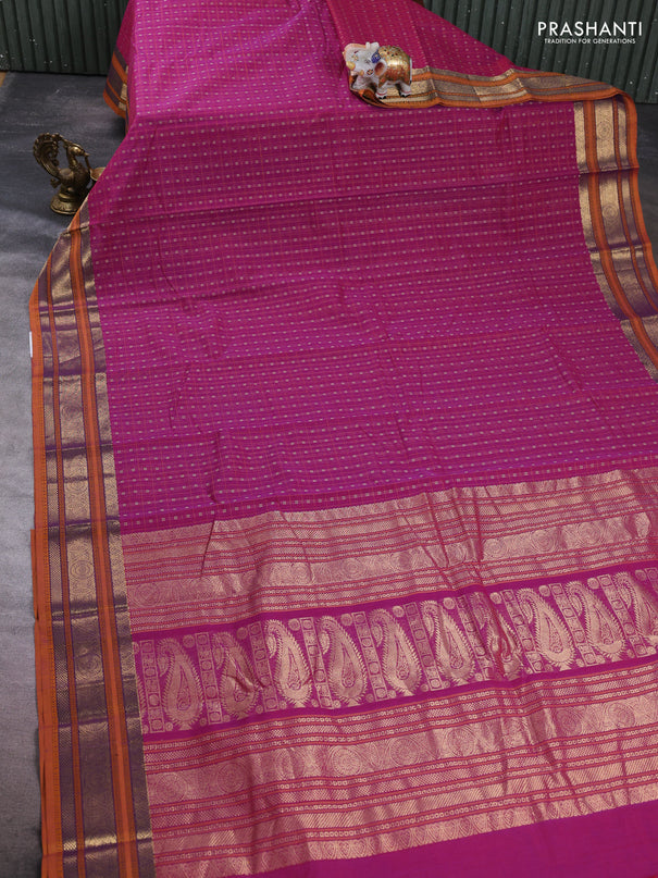 Kanchi cotton saree magenta pink and mustard yellow with allover thread checks & buttas and zari woven border