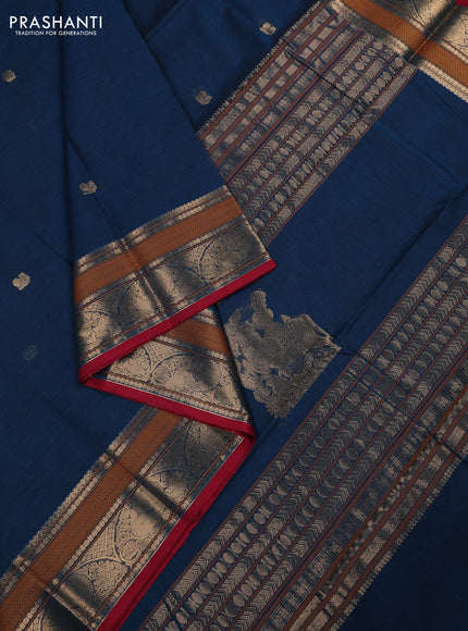 Kanchi cotton saree peacock green and maroon with allover zari woven buttas and zari woven border