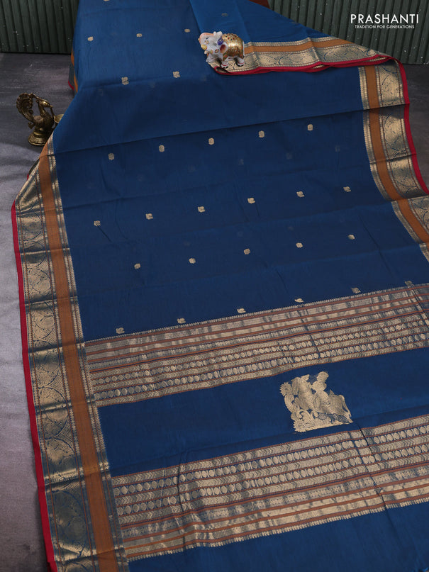 Kanchi cotton saree peacock green and maroon with allover zari woven buttas and zari woven border