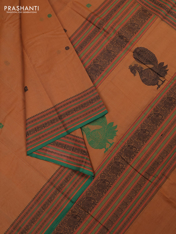 Kanchi cotton saree mustard yellow and green with thread woven buttas and thread woven border
