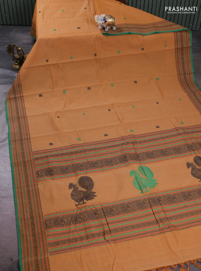 Kanchi cotton saree mustard yellow and green with thread woven buttas and thread woven border