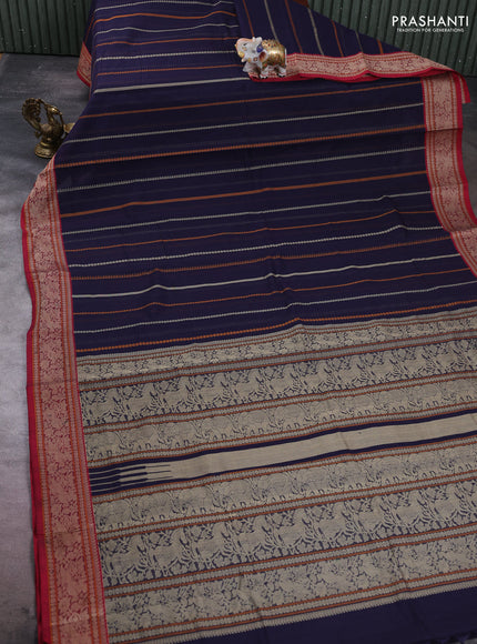 Kanchi cotton saree navy blue and magenta pink with allover thread weaves pattern and thread woven border