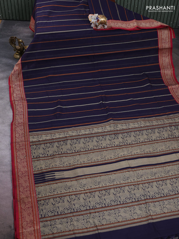 Kanchi cotton saree navy blue and magenta pink with allover thread weaves pattern and thread woven border