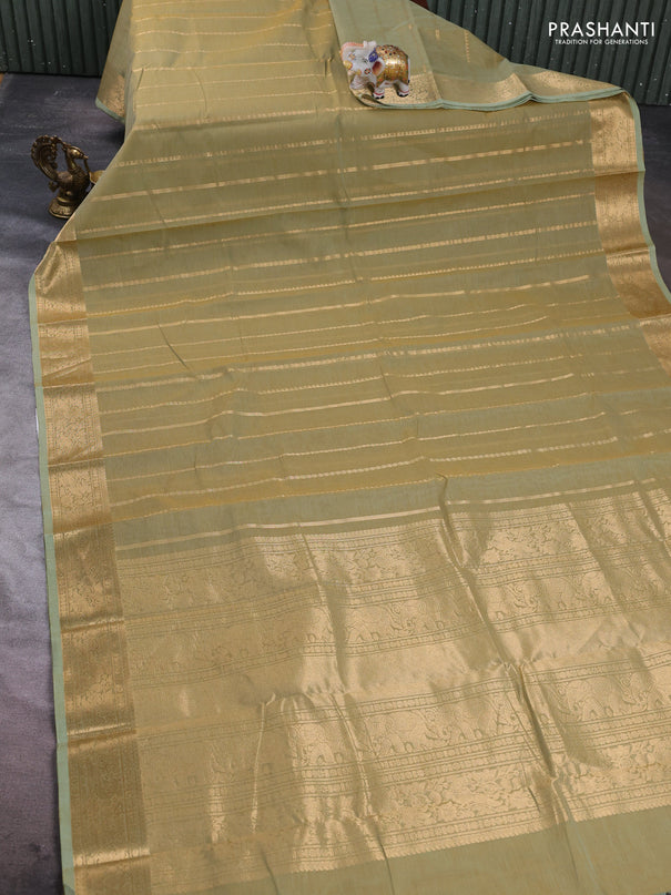 Kanchi cotton saree elaichi green with allover zari weaves pattern and zari woven border
