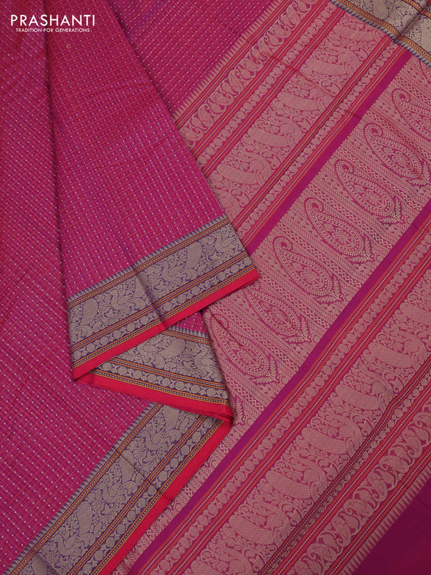 Kanchi cotton saree magenta pink with allover thread checks & buttas and thread woven border