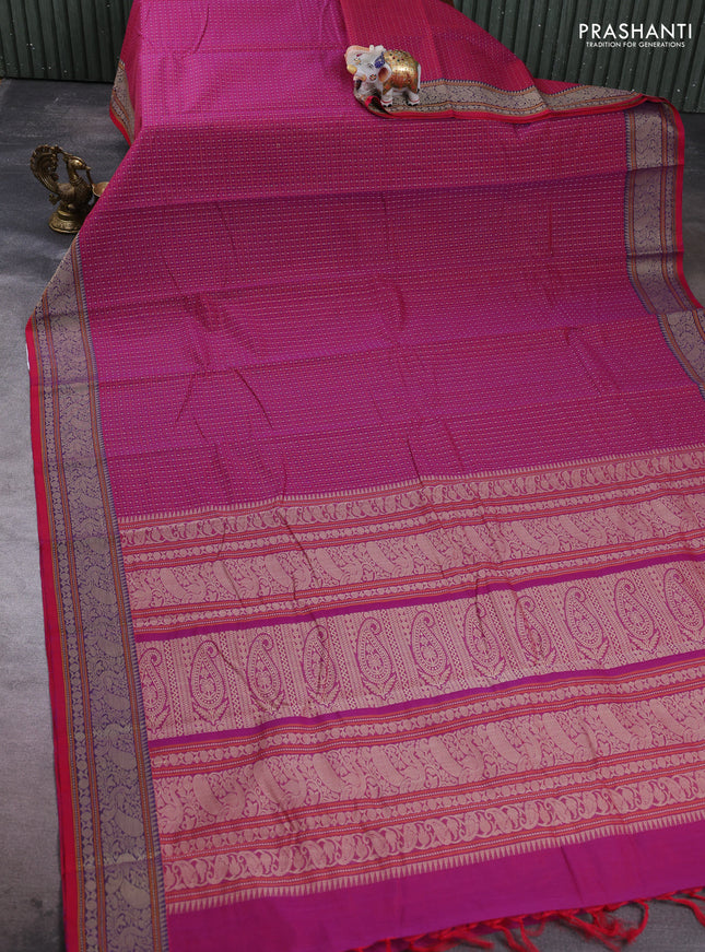 Kanchi cotton saree magenta pink with allover thread checks & buttas and thread woven border