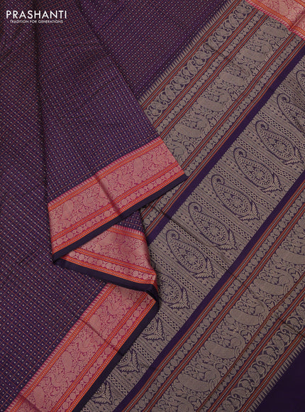 Kanchi cotton saree violet with allover thread checks & buttas and thread woven border