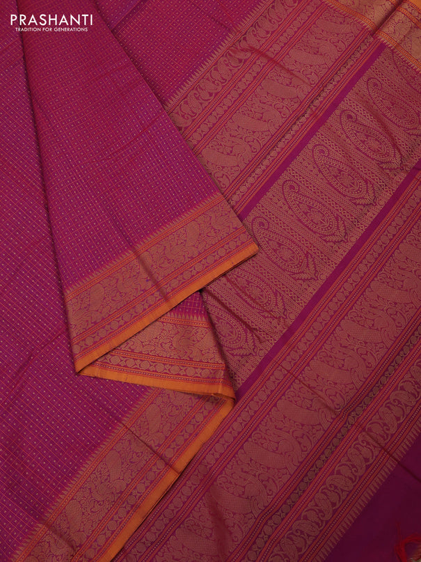 Kanchi cotton saree magenta pink and mustard yellow with allover thread checks & buttas and thread woven border