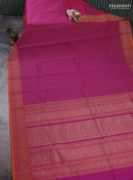 Kanchi cotton saree magenta pink and mustard yellow with allover thread checks & buttas and thread woven border