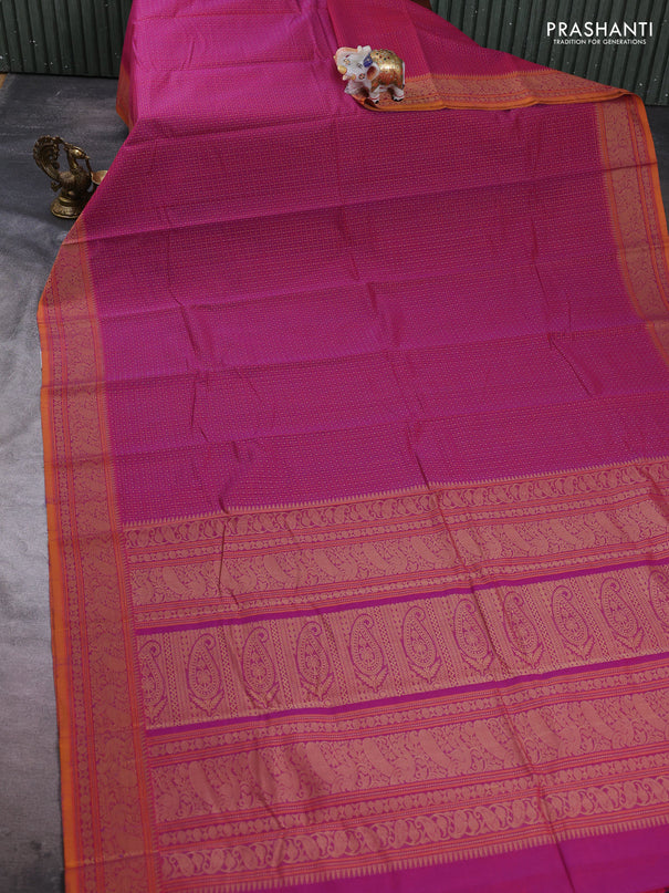 Kanchi cotton saree magenta pink and mustard yellow with allover thread checks & buttas and thread woven border