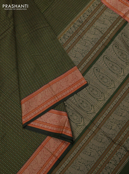 Kanchi cotton saree olive green with allover zari woven checked pattern and thread woven border