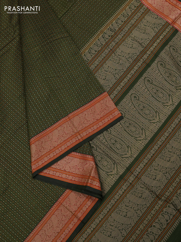 Kanchi cotton saree olive green with allover zari woven checked pattern and thread woven border