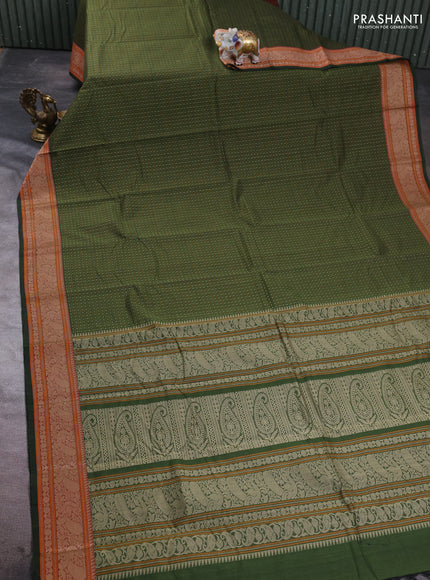 Kanchi cotton saree olive green with allover zari woven checked pattern and thread woven border