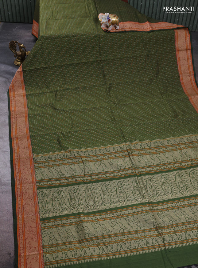 Kanchi cotton saree olive green with allover zari woven checked pattern and thread woven border