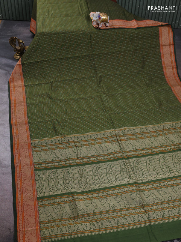 Kanchi cotton saree olive green with allover zari woven checked pattern and thread woven border